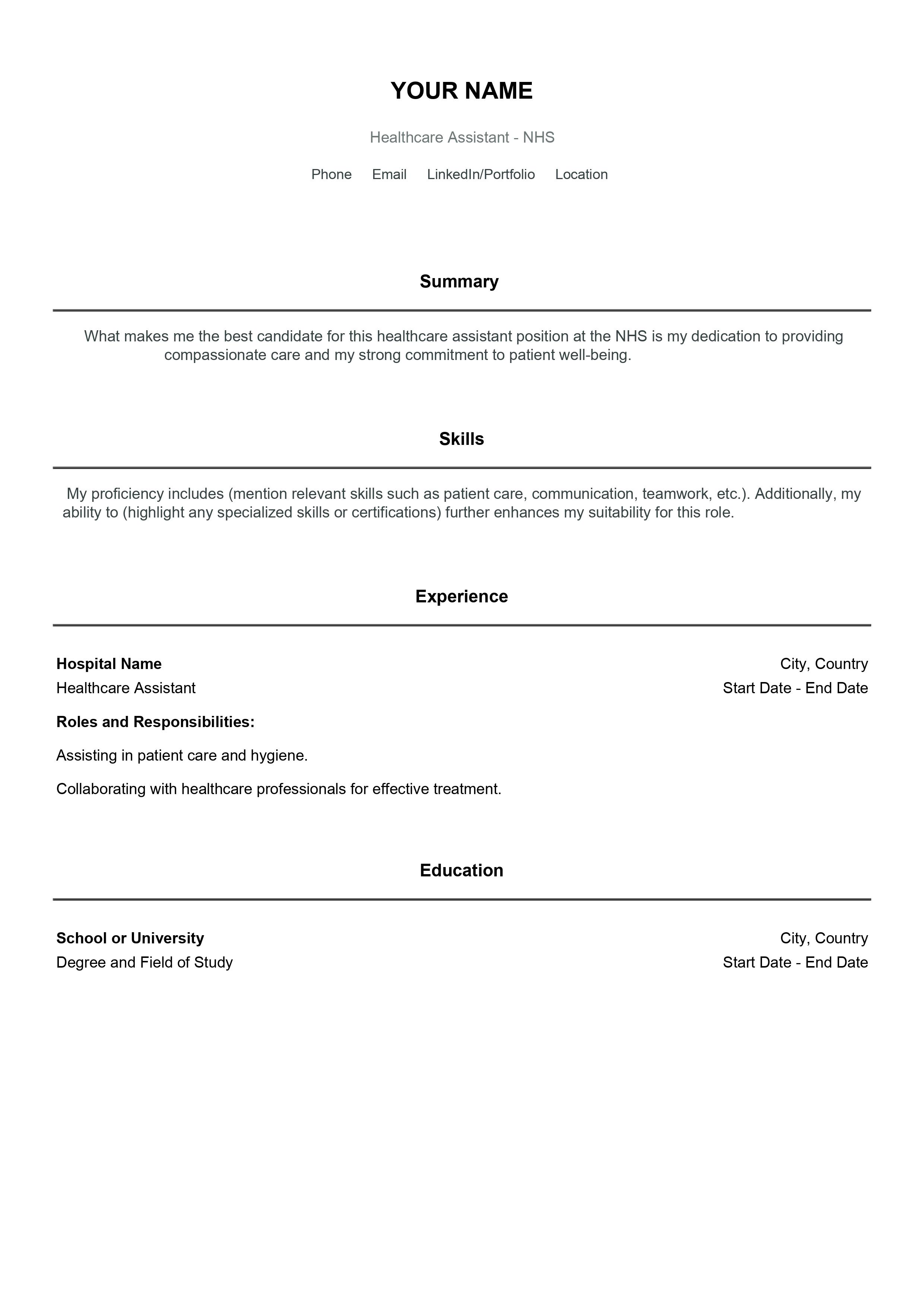 Free Editable NHS Care Assistant CV: Edit and Download now!