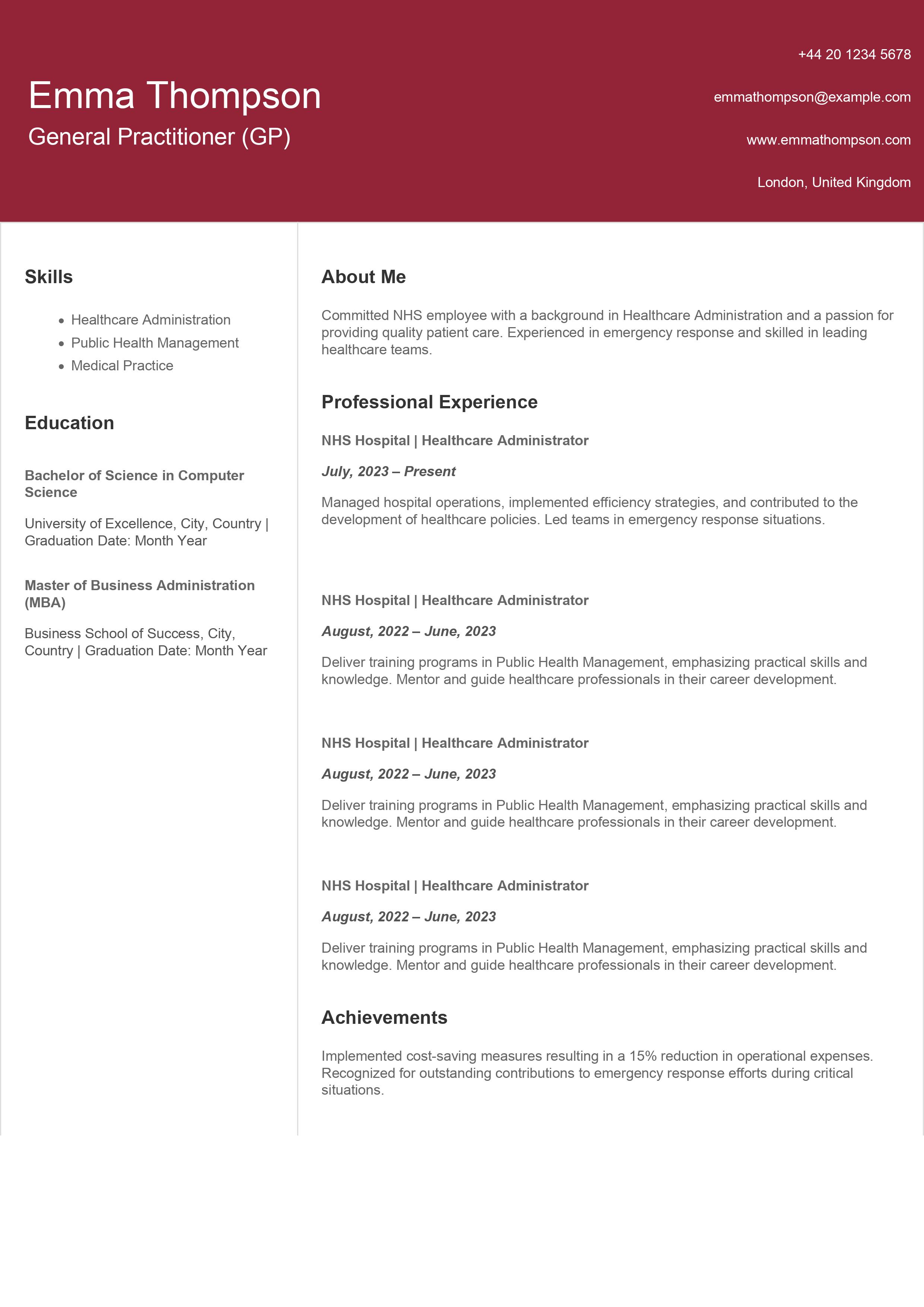 Editable General Practitioner CV Template Example